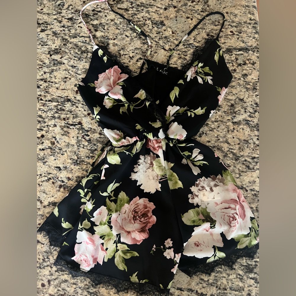 Trac Black Floral Romper with Black Fringe